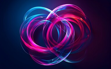 Abstract background with neon glowing light streaks forming the shape of two intertwined rings on a dark blue purple background
