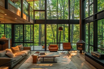 Contemporary Forest Cabin with Floor-to-Ceiling Windows and Sleek Design