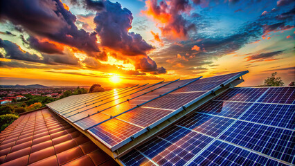 A close-up of solar panels installed on a rooftop against a backdrop of a colorful evening sky. 