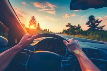 Close up of car drivers hands on steering wheel during scenic summer road trip at sunset