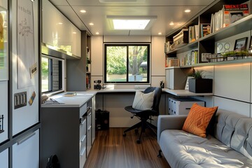 Contemporary Tiny Home Office with Sleek Furniture and Organizational Solutions