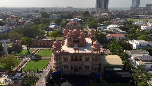The Mohatta Palace is a museum located in Karachi, Sindh, Pakistan. Aerial Drone Shot at sunny Day, Karachi from Above