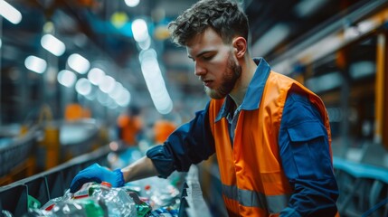 Naklejka premium A cleaning worker sorting recyclables in a sustainability-focused facility, showcasing an eco-friendly approach.