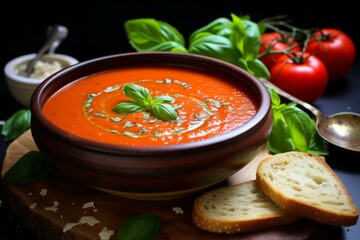 Bowl of fresh tomato and basil soup garnished with cheese, served with slices of bread