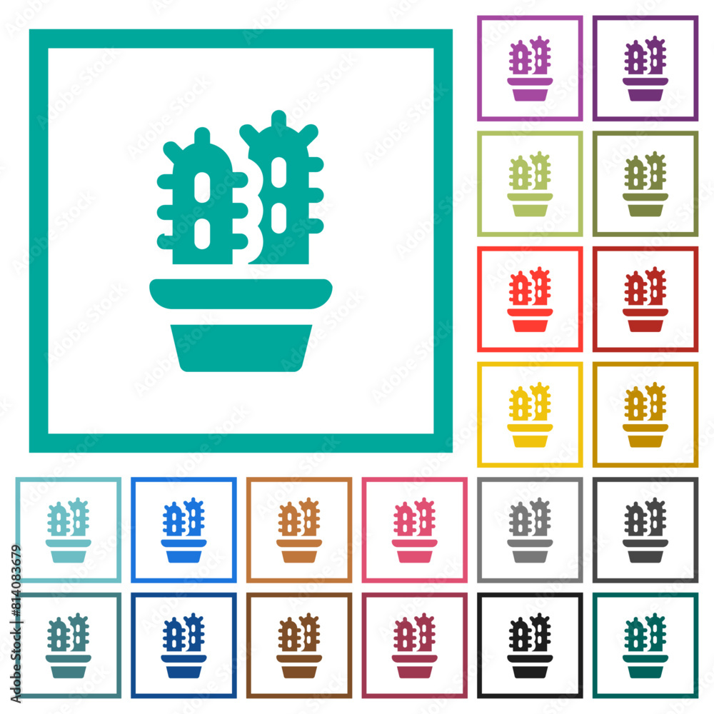 Poster potted cactus solid flat color icons with quadrant frames