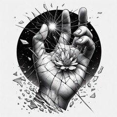 A Detailed Black and White Artwork Depicting a Blossom Cradled in a Hand with Shattering Fragments.