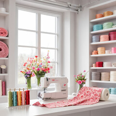 interior of a sewing workshop. A bright, cozy room with a sewing machine, rolls of fabric and accessories. Illustration for a sewing studio. Workplace