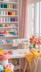 interior of a sewing workshop. A bright, cozy room with a sewing machine, rolls of fabric and accessories. Illustration for a sewing studio. Workplace