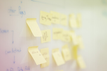 Close up and selective focus blank sticky note on whiteboard in workshop training cost