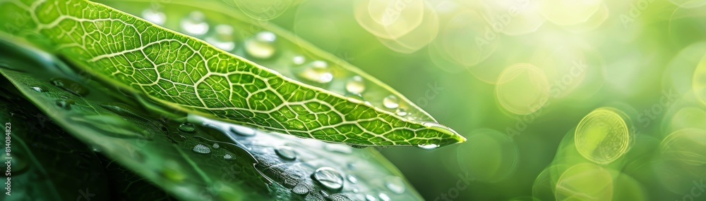 Poster close up of a green leaf with water drops on a blurred background, a macro view a banner for eco and