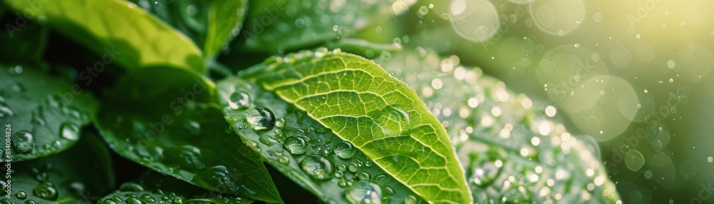 Poster close up of a green leaf with water drops on a blurred background, in a macro view green nature bann