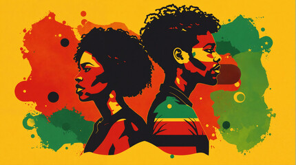 Juneteenth Freedom Day Celebration, abstract African American woman and man with red, green colors on yellow background, liberation holiday from slavery, black history month