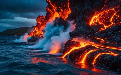 Lava flowing into the ocean - Powered by Adobe