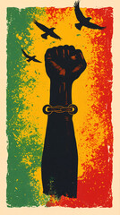 Juneteenth Freedom Day Celebration, fist with broken chains raised in the air, African American liberation holiday from slavery, black history month