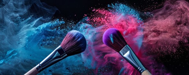 Explosion of colorful powder with makeup brushes