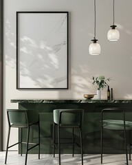 Modern kitchen interior with empty poster frame on the wall, countertop bar table and chairs for seating