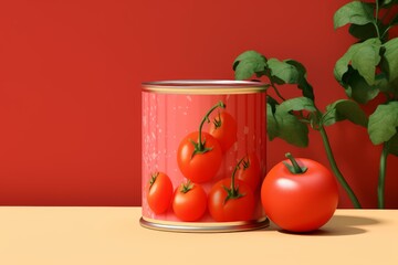 A stylish image featuring fresh tomatoes next to a can with plant on a red and yellow backdrop