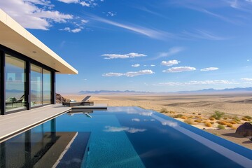 Naklejka premium Luxurious Desert Villa with Infinity Pool and Panoramic Desert Views Under a Blue Sky