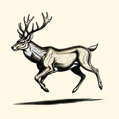 Reindeer Jumping Illustration Christmas Theme Engraved