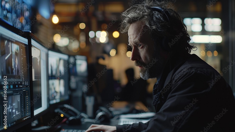 Poster a man is seated at a desk with various monitors in front of him, closely watching the displayed info