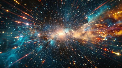 Obraz premium Cosmic ray visualization, front view, tracing interstellar particles, digital tone, Tetradic color scheme