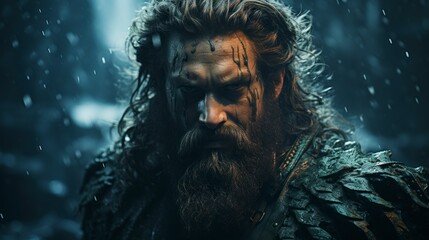  A man with a beard and long hair is standing in the rain, his hair and beard drenched as water droplets fall around him. He appears unfazed by the downpour, gazing ahead with a determined expression.