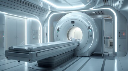 Advanced MRI machine, showing detailed control panels and sleek design.
