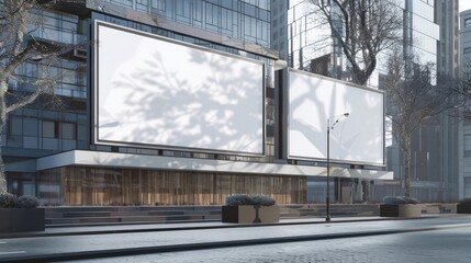 Twin blank billboards on a modern building exterior, presented as templates for advertising concepts, set on an urban street background. Generative AI realistic