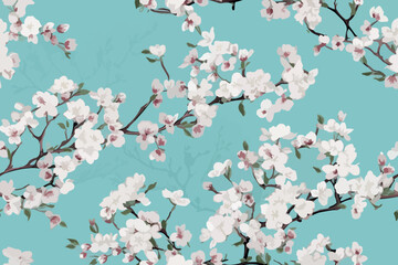 Seamless floral pattern. Sakura branch. Vintage luxury decoration. Illustration Oriental cherry tree on white background.