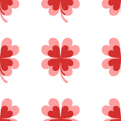 Seamless pattern of large isolated red four-leaf clover symbols. The elements are evenly spaced. Illustration on light red background