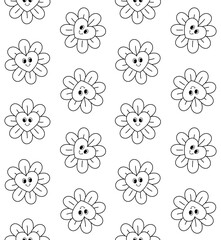 Vector seamless pattern of groovy outline flowers with hearts isolated on white background