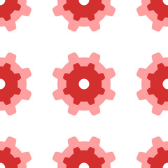 Seamless pattern of large isolated red gear symbols. The elements are evenly spaced. Illustration on light red background