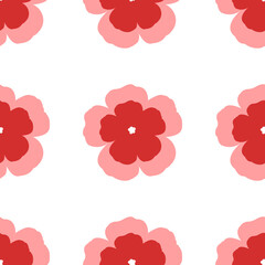 Seamless pattern of large isolated red geraniums. The elements are evenly spaced. Illustration on light red background