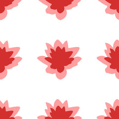 Seamless pattern of large isolated red lotus flowers. The elements are evenly spaced. Illustration on light red background