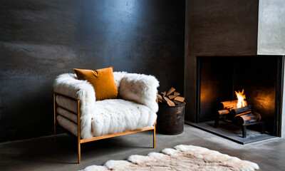 Cozy living room interior, fireplace, chair, wood, fire, warmth, relaxation, home, comfort, winter, hygge, design 

