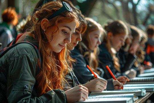 A group of students signing each other's yearbooks, leaving heartfelt messages and inside jokes as keepsakes. Concept of friendship and camaraderie. Generative Ai.