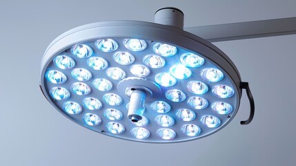 surgical light in a ceiling mount, shining brightly, isolated on white.