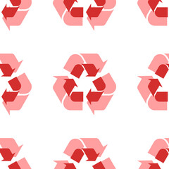 Seamless pattern of large isolated red recycling symbols. The elements are evenly spaced. Illustration on light red background