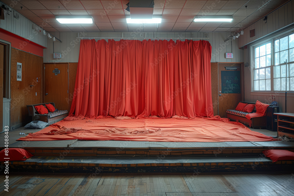 Poster a makeshift stage set up in the gymnasium for end-of-year performances and talent shows, showcasing 
