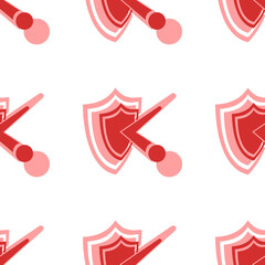 Seamless pattern of large isolated red ball bounces off the shield symbols. The elements are evenly spaced. Illustration on light red background