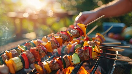 Colorful vegetable and meat kebabs grilled outdoors. Closeup of hands holding bamboo sticks with vibrant vegetables. Warm lighting, focus on fresh ingredients, detailed food textures.