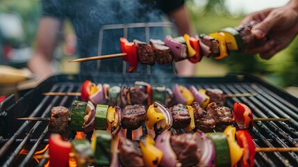 Colorful vegetable and meat kebabs grilled outdoors. Closeup of hands holding bamboo sticks with vibrant vegetables. Warm lighting, focus on fresh ingredients, detailed food textures.