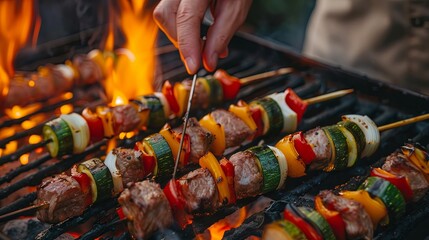 Colorful vegetable and meat kebabs grilled outdoors. Closeup of hands holding bamboo sticks with...