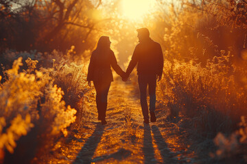 Fototapeta premium A pair of friends walking hand in hand along a sunlit path, sharing laughter and stories along the way. Concept of companionship and camaraderie. Generative Ai.