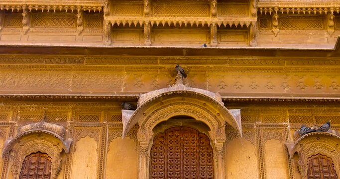 Heritage building in Rajasthan, India made of yellow limestone known as the Patwon ki Haveli in Jaisalmer city in India