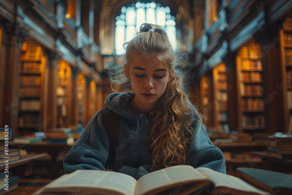 Poster a student engrossed in their studies at a quiet library, surrounded by books and immersed in learnin