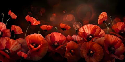 Anzac Remembrance Day tribute with poppies on black digital background. Concept Military Tribute, Anzac Day, Remembrance Poppy, Digital Art, Black Background