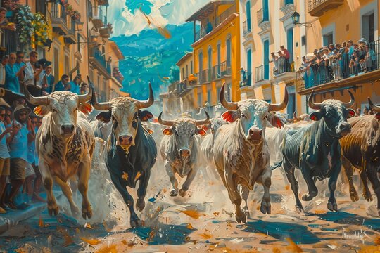 Unidentified men run from bulls in street during San Fermin festival in Pamplona, Spain