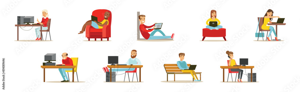 Poster man and woman freelancer working from home with computer vector set