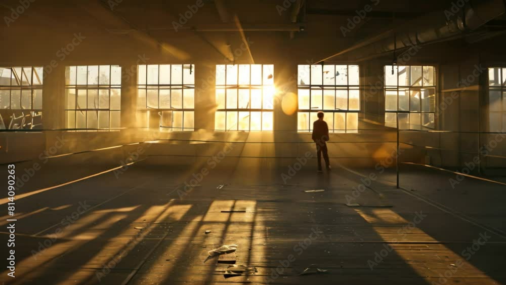 Poster sunlight streams through windows of building, fog-filled boxing gym at dawn with the sun streaming t